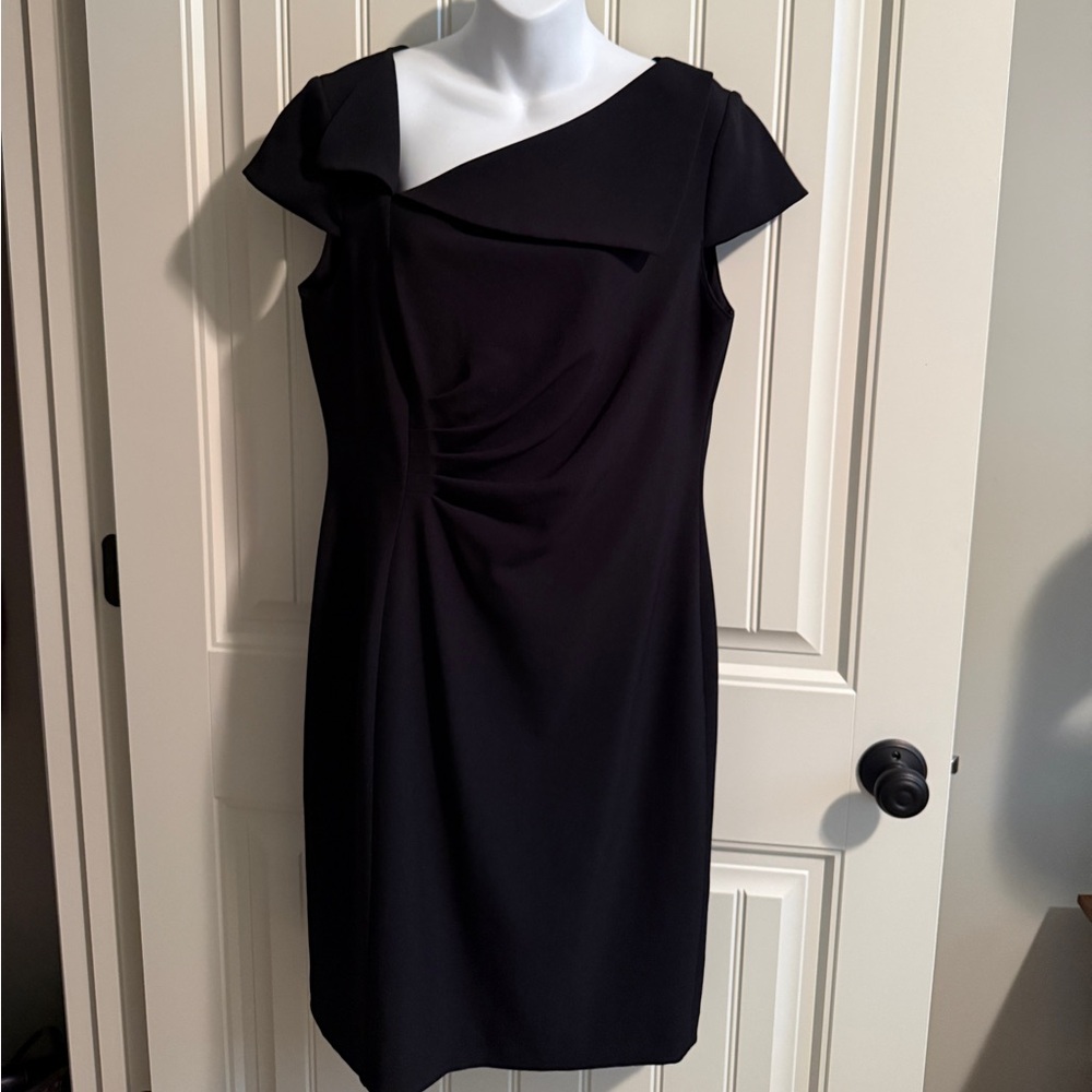 Tamari Elegant Black Asymmetric Neck Cap-Sleeve Dress